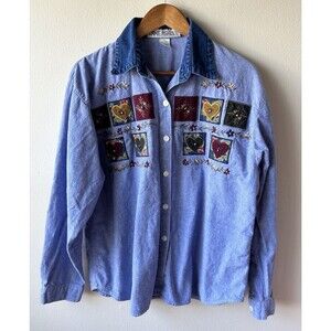 Vintage Shirt Large Button Denim Chambray Fall Colors Flowers Hearts Teacher